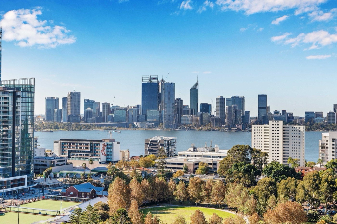 View across the Swan River to the Perth city skyline